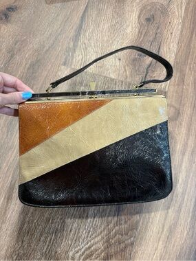 Vintage Tri-Color Leather Handbag in Black, Cream & Brown